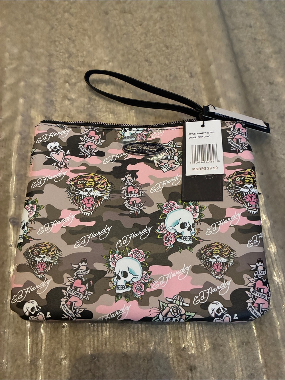 Ed Hardy Pink Camo Skull & Tiger Wristlet